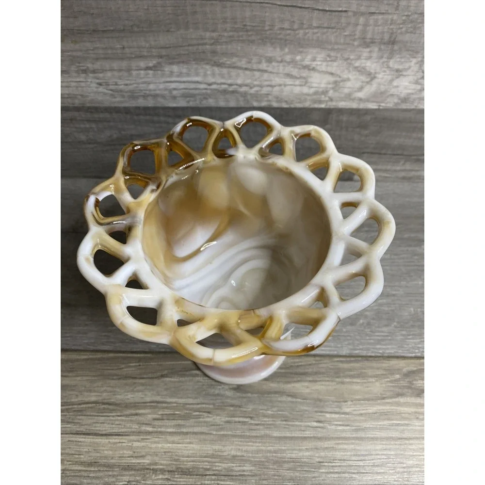Vtg Laced Edge Imperial Slag Glass Caramel  Pedestal Candy Dish Planter USA